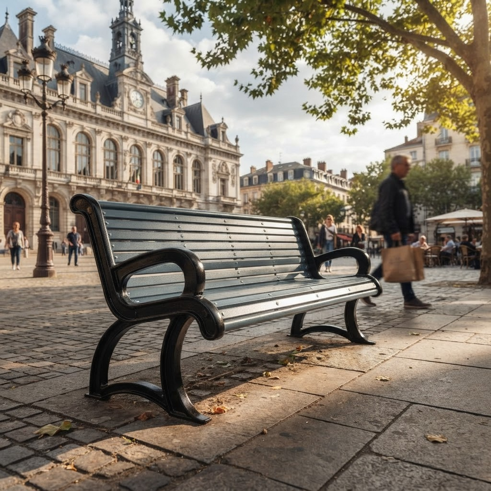 A modern outdoor park bench with black curved metal arms and legs and gray slatted seating, situated in a sunny urban plaza with historic buildings and a walking pedestrian in the background.