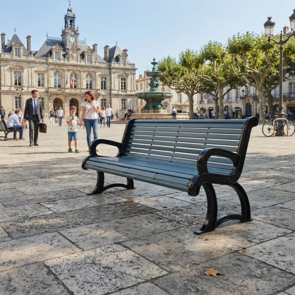 A modern outdoor bench with dark curved metal arms and legs and gray-blue slatted seat and backrest, situated in a sunny, stone-paved public square with historic buildings, trees, and people in the background.