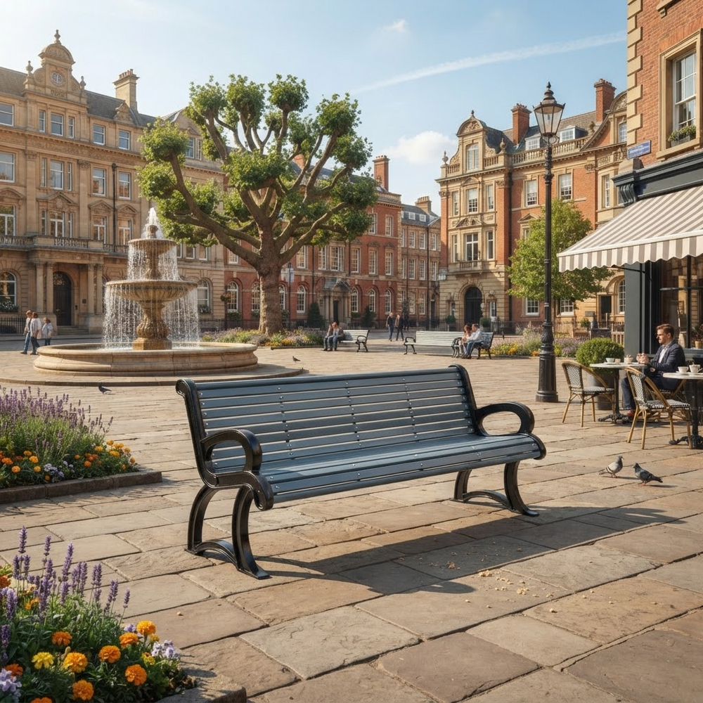 A dark gray slatted park bench with black curved armrests and legs, situated in a sunny, stone-paved town square with a fountain, historic brick buildings, and outdoor cafe seating.