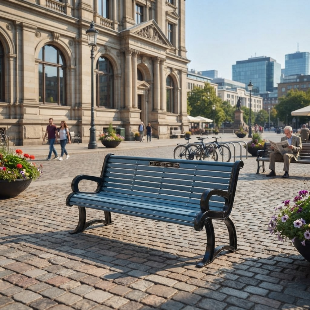 A blue slatted outdoor bench with black curved arms and legs sits on a cobblestone plaza in front of a large historic stone building. Pedestrians, bicycles, flowers, and a seated person are visible in the background.