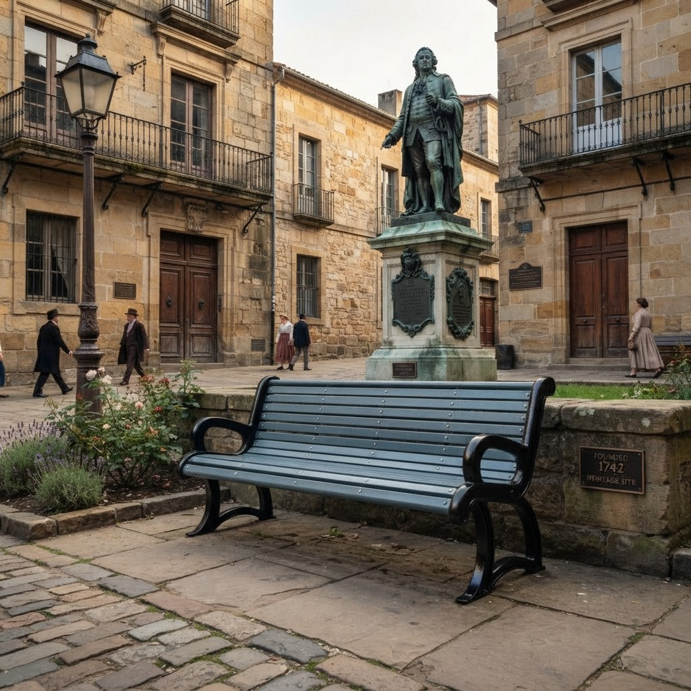 A dark blue-gray wooden park bench with black metal arms and legs sits in a cobblestone plaza in front of historic stone buildings and a central statue.
