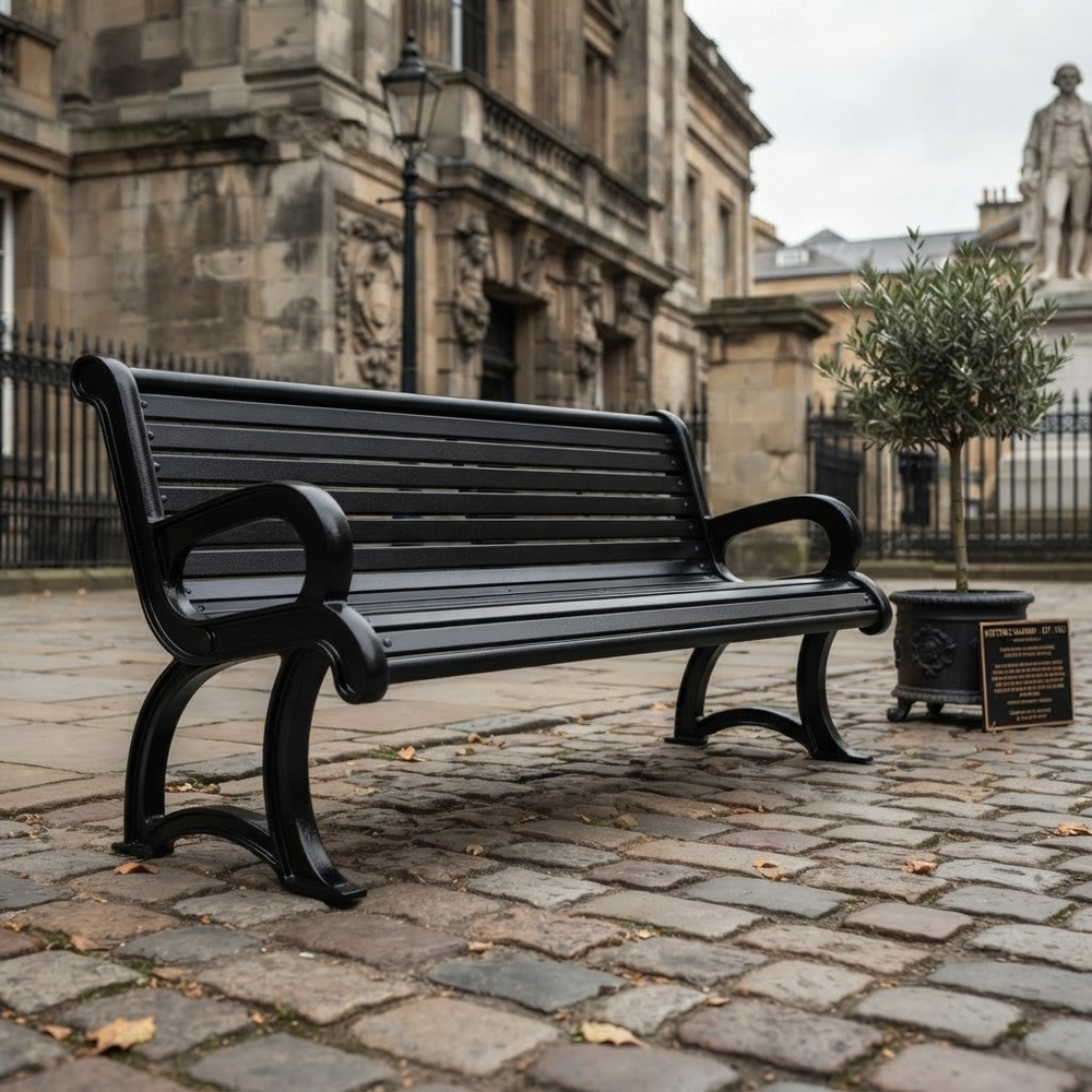 A black metal park bench with curved armrests and legs, positioned on a cobblestone street in front of a historic stone building.
