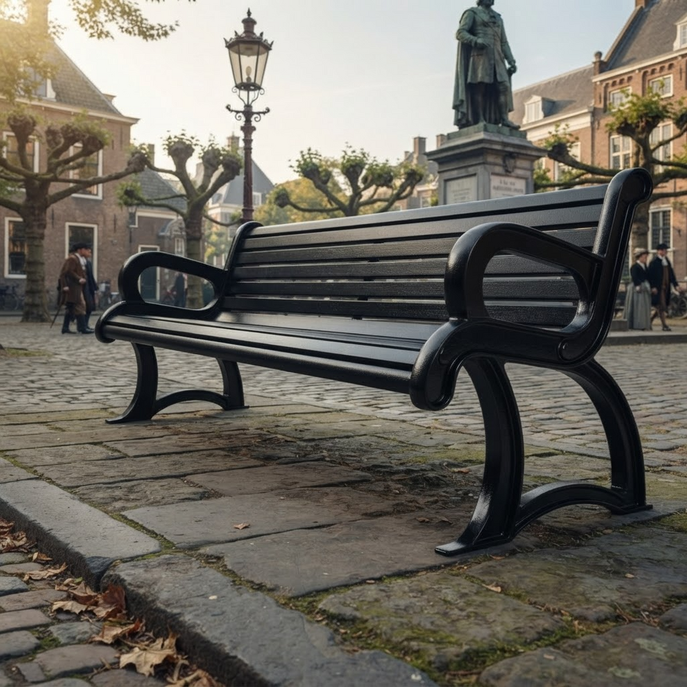 A black metal park bench with curved armrests and legs, situated on a cobblestone street in a historic town square with buildings, a statue, and a lamppost in the background.