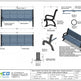 Technical specification sheet and dimension drawing for a powder-coated steel outdoor park bench with a studded seat, showing multiple labeled views, measurements, and detail callouts on a white background.