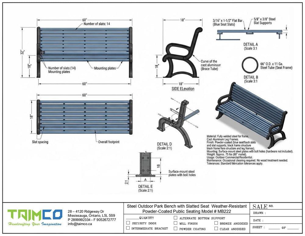 Technical specification sheet and dimension drawing for a powder-coated steel outdoor park bench with a studded seat, showing multiple labeled views, measurements, and detail callouts on a white background.