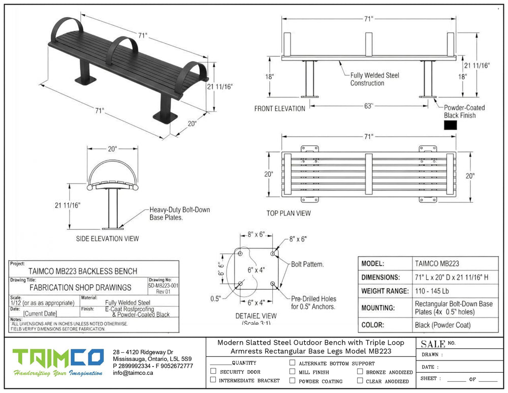 Black modern slatted outdoor bench with triple loop armrests

Contemporary steel bench with rectangular legs

Powder‑coated black bench for urban public spaces

Slatted steel bench with three curved armrests

Modern outdoor bench installed on bolt‑down plates

Urban steel bench with horizontal slats

Public seating bench with triple armrest design

Welded steel bench with modern styling

Black slatted bench for transit stations

TAIMCO modern slatted steel bench