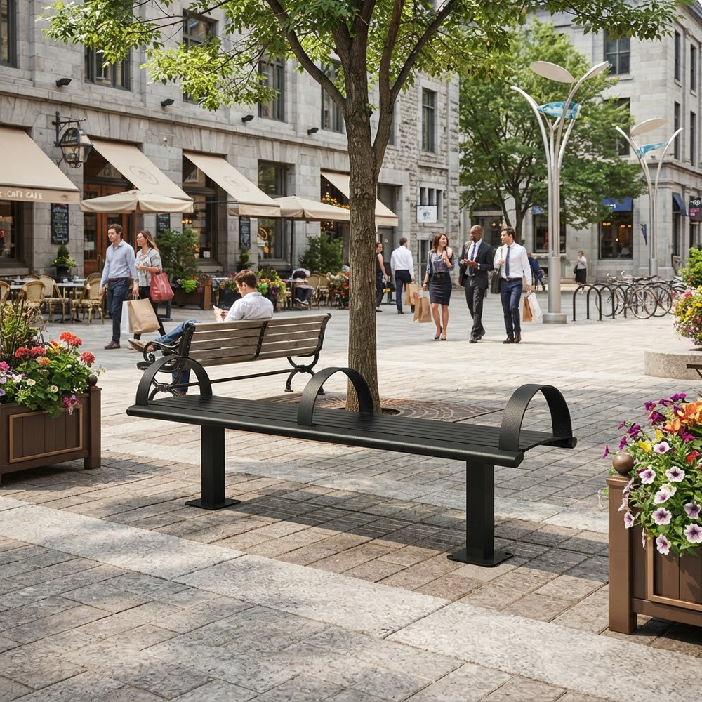 A modern black metal and wood park bench is shown in a real outdoor plaza with people walking, trees, flower boxes, and buildings in the background.
