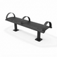 A modern black outdoor bench with a slatted seat and integrated curved handrails on both ends, shown on a clean white background.