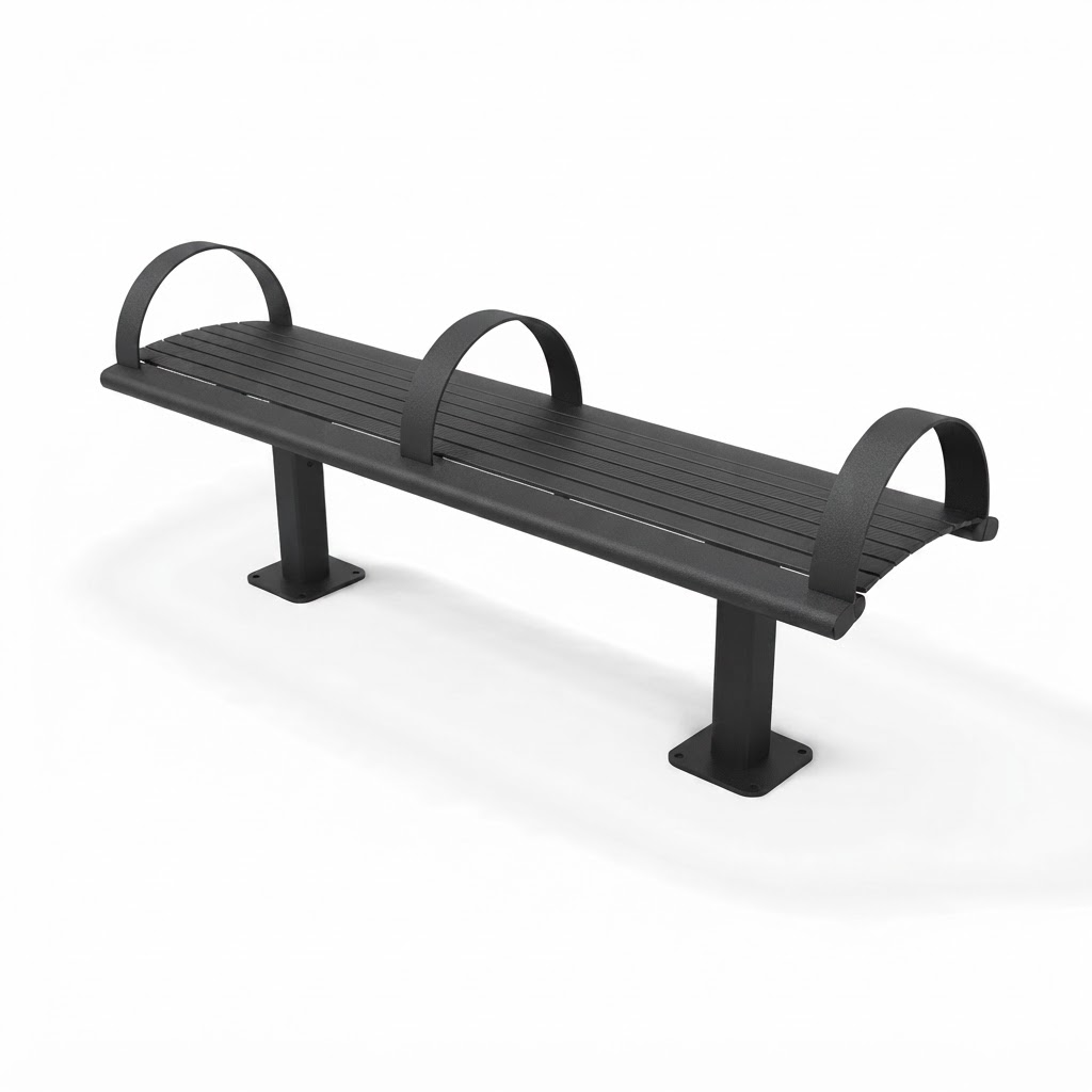 A modern black outdoor bench with a slatted seat and integrated curved handrails on both ends, shown on a clean white background.