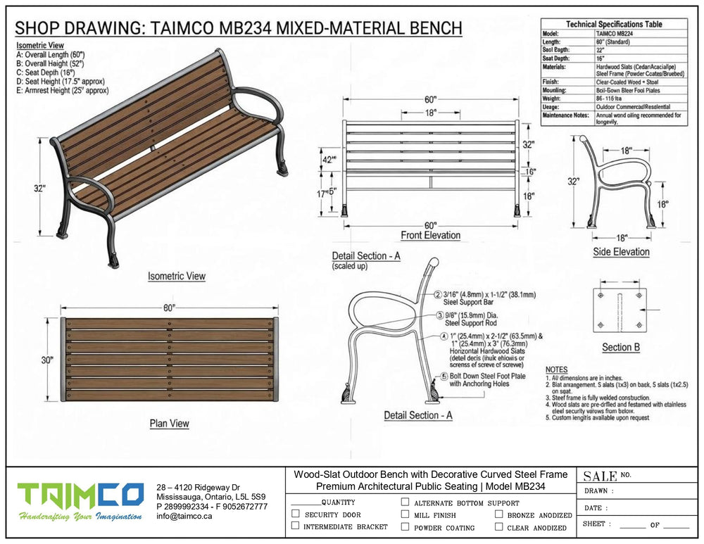 Technical specification sheet and dimension diagram for the Taimco MB234 mixed-material bench, showing front elevation, side elevation, plan view, isometric view, and detail sections with measurements and material notes.