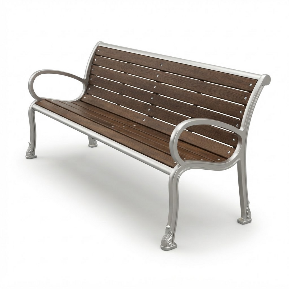 A modern outdoor bench with dark brown wooden slats on the seat and backrest, supported by a silver metal frame with curved armrests and decorative legs, shown on a white background.