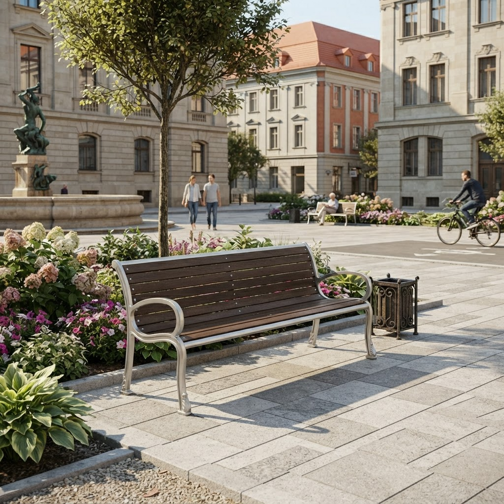 A modern outdoor park bench with dark brown wooden slats and silver metal arms and legs, situated in a paved public square with flowers, trees, and people in the background.