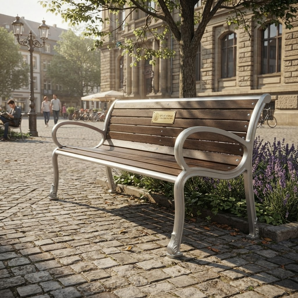 A classic outdoor park bench with brown wooden slats and silver metal arms and legs, situated on a cobblestone street in a European town square with historic buildings and trees in the background.