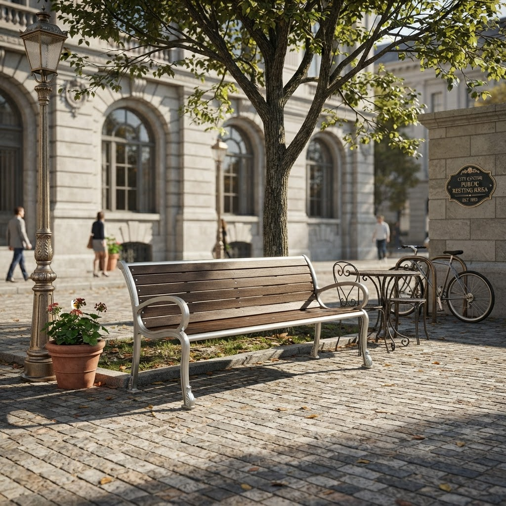 A wooden park bench with a silver metal frame sits on a cobblestone plaza in front of a stone building, with a tree, lamp post, small table, and bicycle nearby.