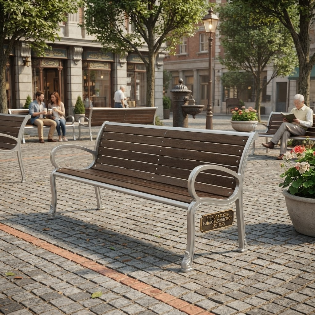 A modern outdoor park bench with brown wooden slats and a silver metal frame, situated on a cobblestone plaza in a city setting with people sitting on other benches in the background.