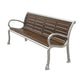A modern outdoor bench with dark brown wooden slats and a silver metal frame, shown at a three-quarter angle on a plain white background.