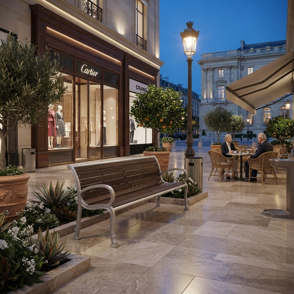 A luxury outdoor cafe scene in Paris featuring a modern wooden and steel bench in the foreground, with a Cartier store, lit street lamp, and seated patrons under a beige awning in the background.