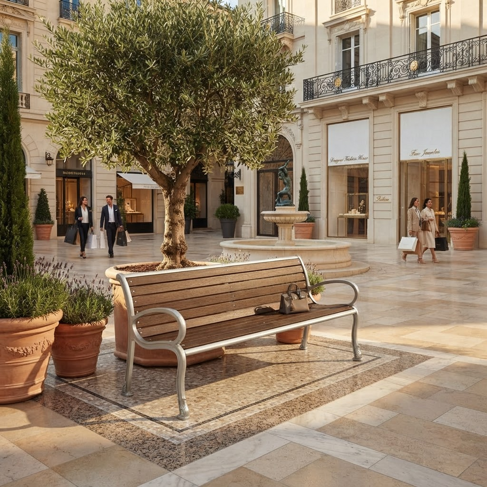 A wooden park bench with curved silver metal arms and legs is placed in a sunlit outdoor shopping plaza with a large potted tree, stone paving, storefronts, and a few pedestrians in the background.