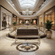 A luxury shopping mall interior with a wooden slat bench in the foreground, glass railings, potted plants, and visible Chanel and Bvlgari storefronts in the background.