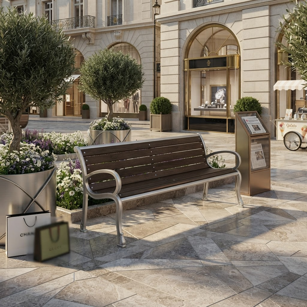 A modern outdoor bench with dark brown wooden slats and curved silver metal arms sits on a stone plaza in a upscale European-style town square. Olive trees, flower planters, and a building with arched windows are visible in the background.