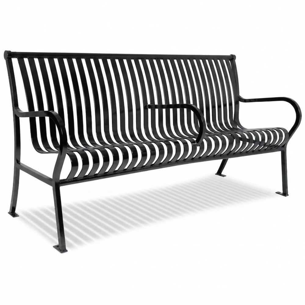 A black metal outdoor bench with a slatted back and seat, armrests, and a sturdy frame, shown on a white background with a soft shadow.