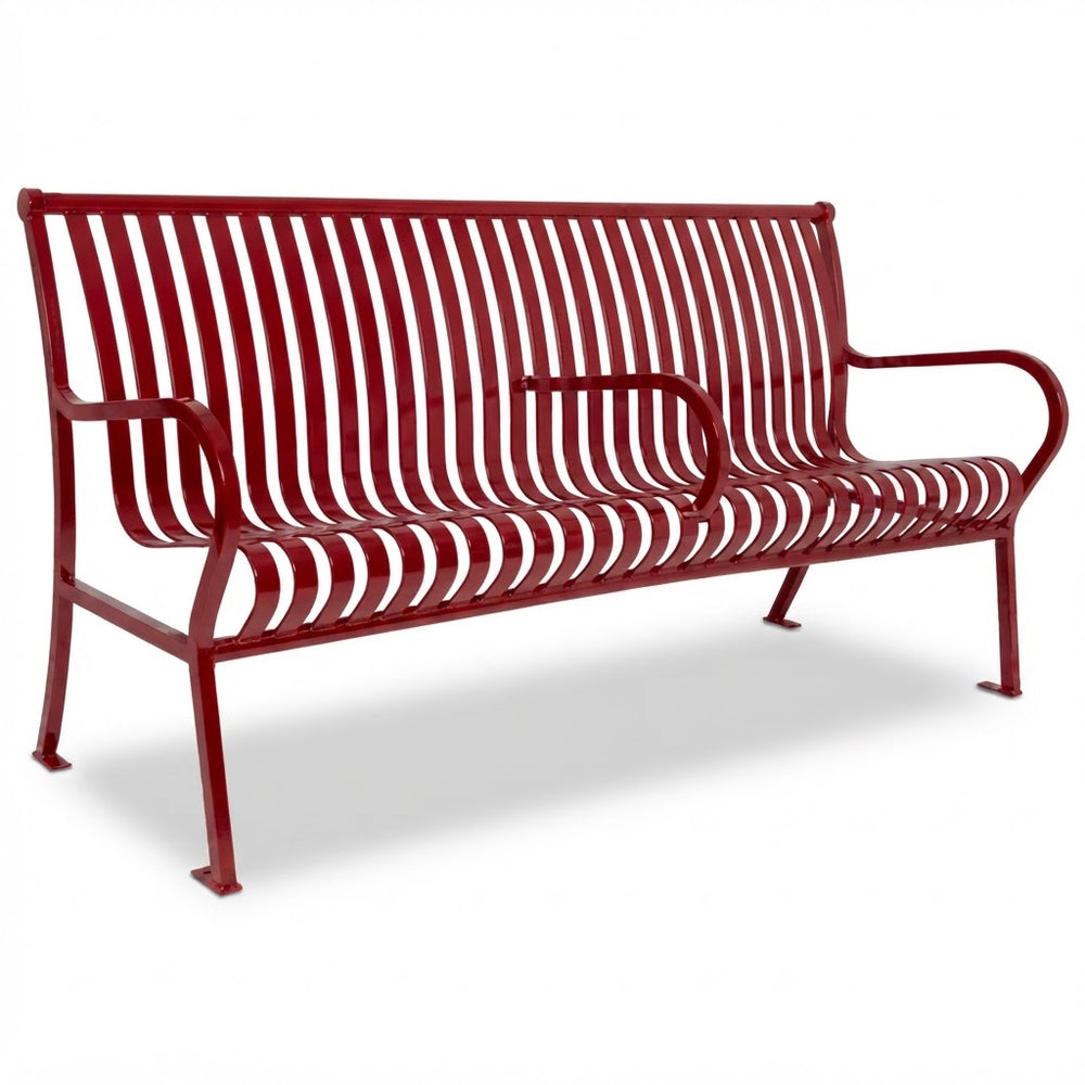 A red metal bench with a slatted back and seat, featuring armrests and four legs, shown on a white background with a soft shadow.
