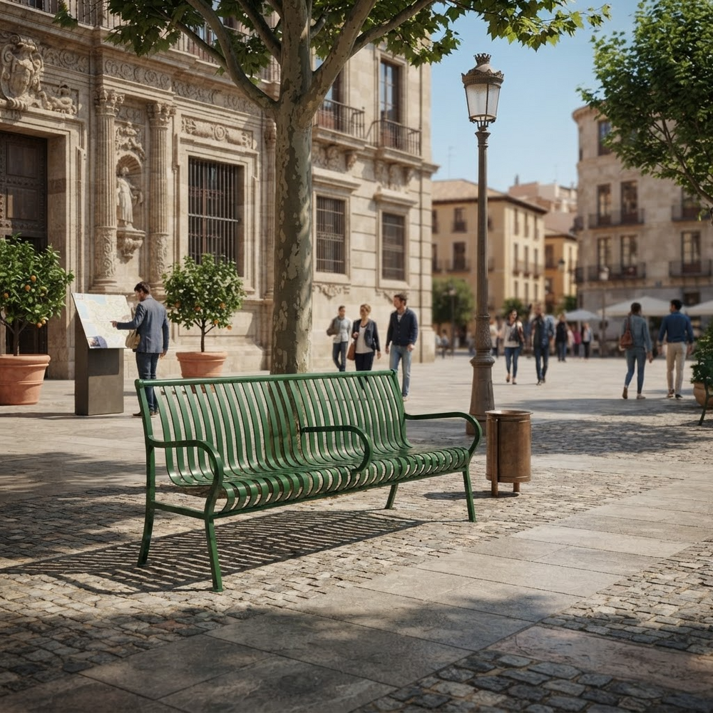 A green metal park bench sits on a sunlit cobblestone plaza in a historic European town square, with trees, pedestrians, and beige stone buildings in the background.