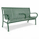 A dark green metal park bench with a slatted back and seat, shown at a three-quarter angle on a white background with a soft shadow.