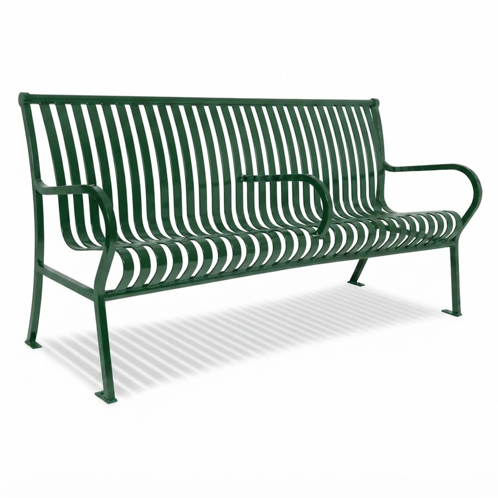 A dark green metal park bench with a slatted back and seat, shown at a three-quarter angle on a white background with a soft shadow.