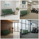 A four-panel collage showing a green metal bench in different real-world interior settings: a gallery or lounge wall, an airport-style waiting area, a modern lobby with wood paneling, and an airport terminal with passengers nearby.