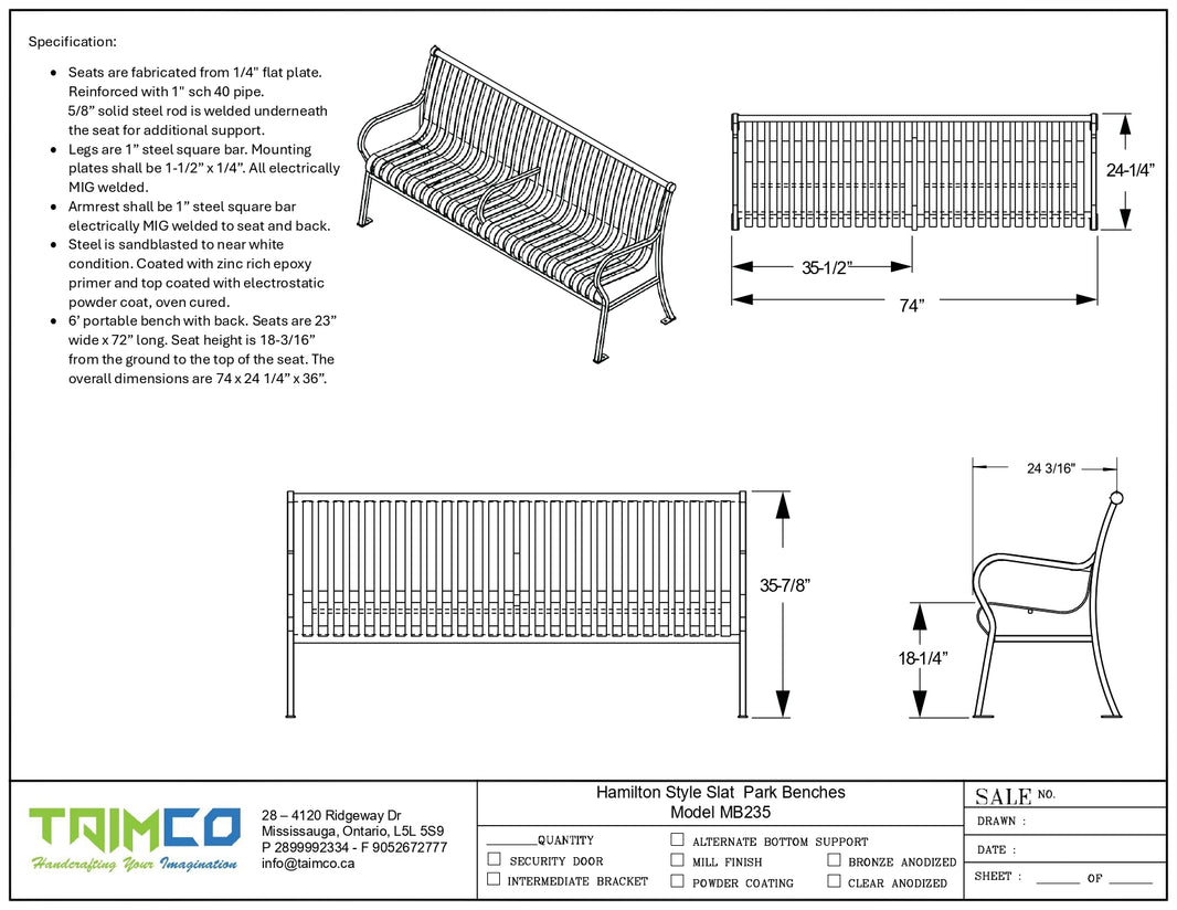 Hamilton Style Slat  Park Benches Model MB235