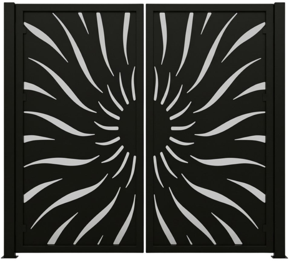 Rayveil Passage – Ornamental metal man door with curved sunburst cutout lattice and symmetrical privacy geometry Model # MG005