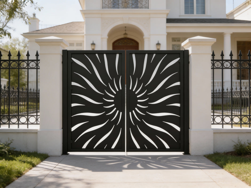 Rayveil Passage – Ornamental metal man door with curved sunburst cutout lattice and symmetrical privacy geometry Model # MG005