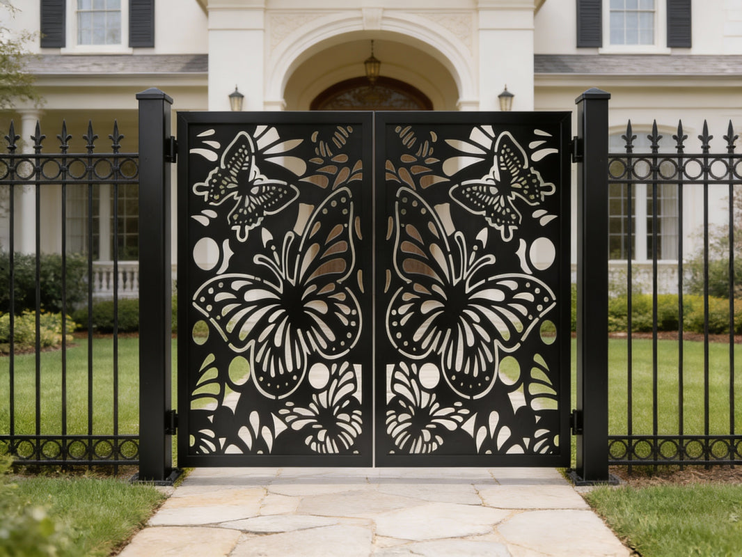 Butterveil Passage – Ornamental metal man door with butterfly medallions and layered floral cutout lattice Model MG013