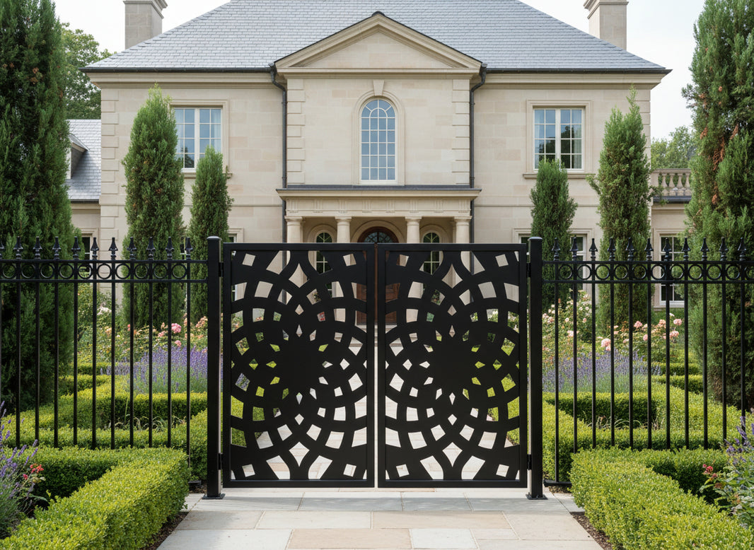 Mandalux Passage – Ornamental metal man door with kaleidoscopic lattice and symmetrical mandala geometry Model MG015