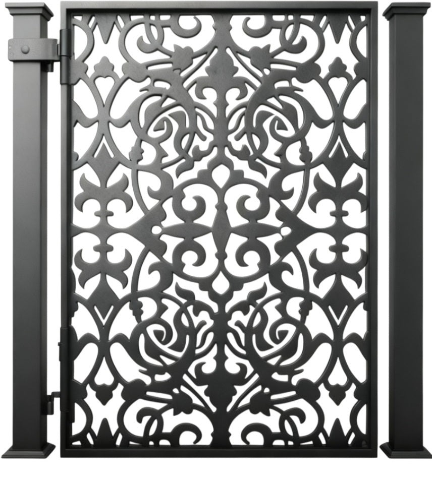 Vineflare Passage – Ornamental man door with swirling vine motifs, floral symmetry, and hinged vertical frame Model # MG018