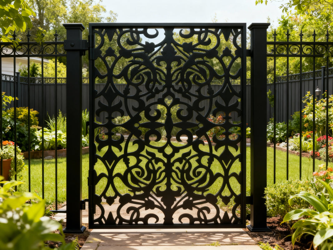 Vineflare Passage – Ornamental man door with swirling vine motifs, floral symmetry, and hinged vertical frame Model # MG018