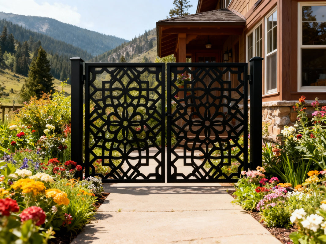 Floraframe Passage – Geometric floral double-panel man door with interlocking motifs and symmetrical metal artistry Model # MG021