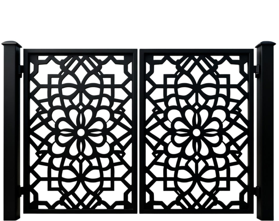 Floraframe Passage – Geometric floral double-panel man door with interlocking motifs and symmetrical metal artistry Model # MG021
