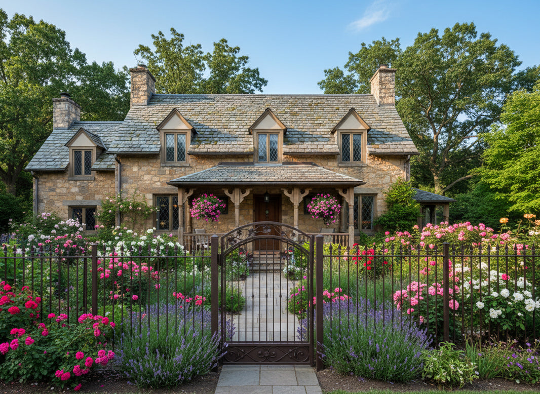 Leafcrest Passage – Decorative wrought iron man door with vine arch, floral scroll base, and vertical bar symmetry Model # MG027