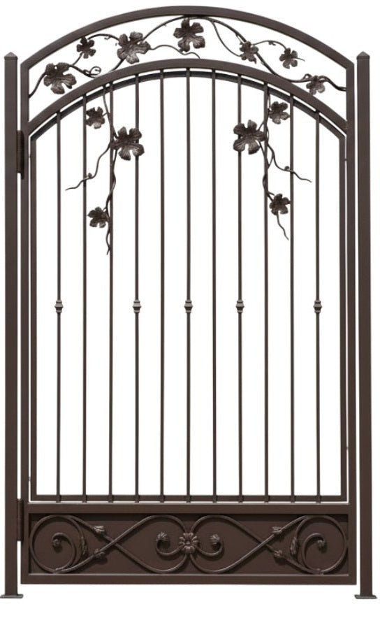 Leafcrest Passage – Decorative wrought iron man door with vine arch, floral scroll base, and vertical bar symmetry Model # MG027