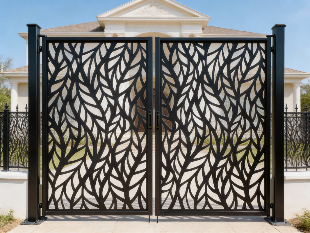 Leafveil Passage – Ornamental metal man door with botanical cutout lattice and privacy panel geometry Model MG035
