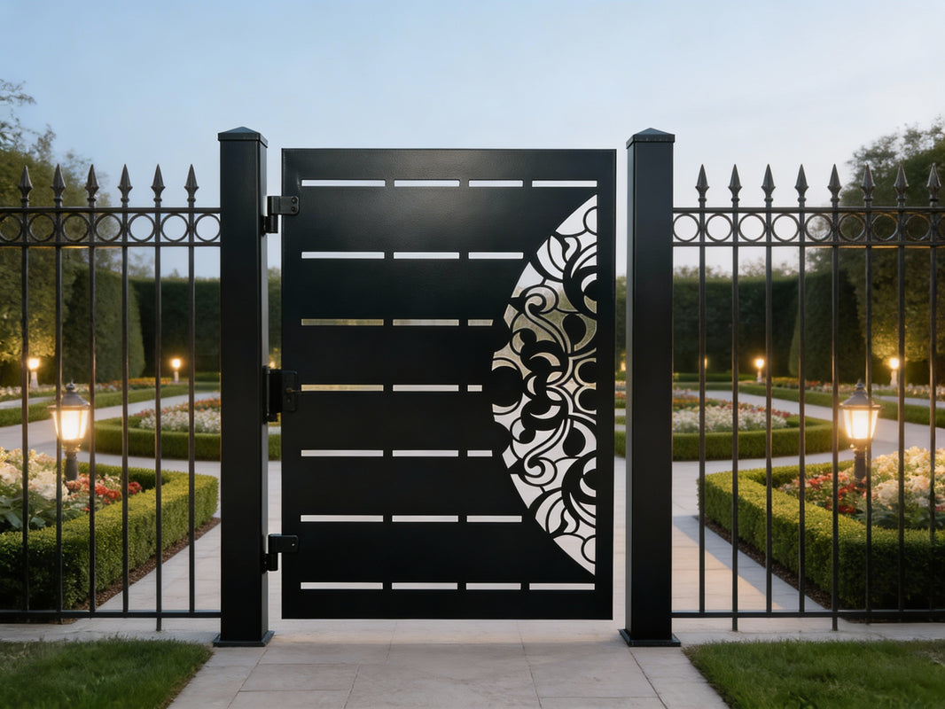 Gridbloom Passage – Modern ornamental metal man door with horizontal cutout grid and floral side lattice Model # MG041