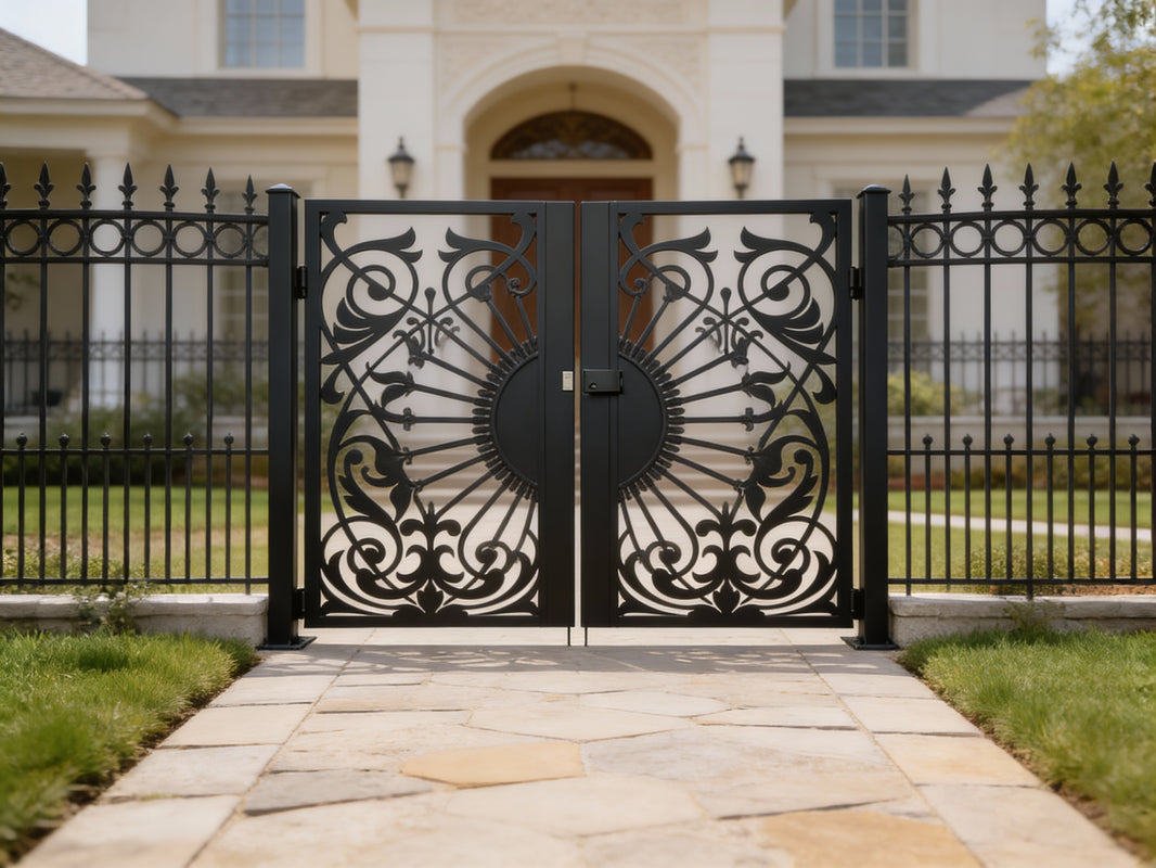 Rosavine Passage – Ornamental wrought iron man door with circular medallion and floral scrollwork lattice Model # MG045