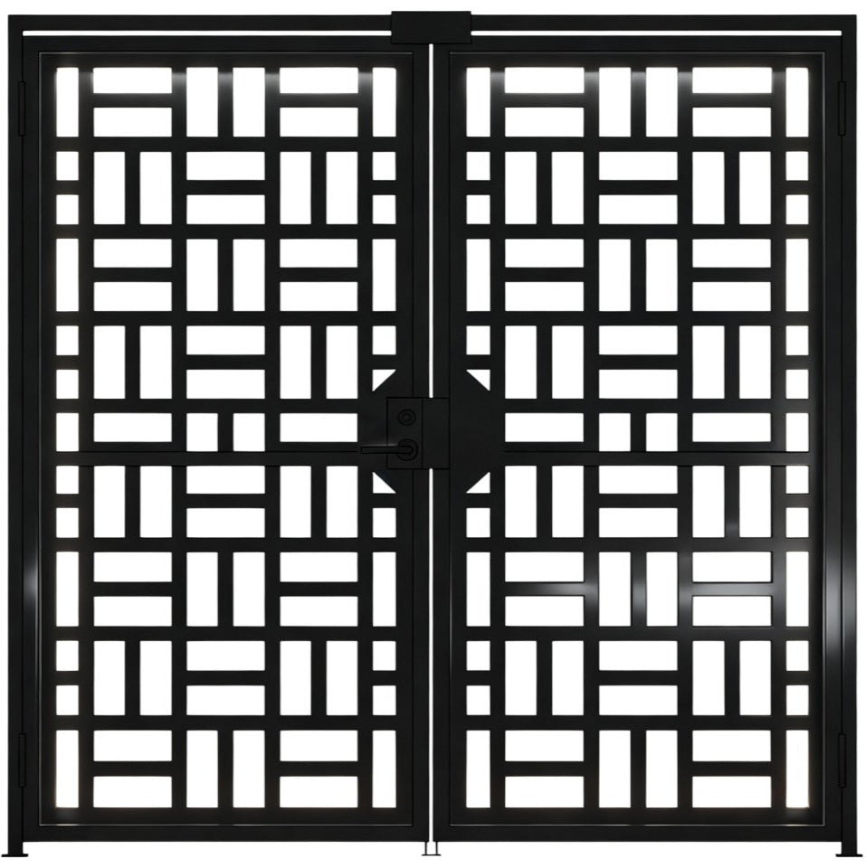 Gridveil Passage – Modern double-panel man door with rectangular grid pattern and symmetrical geometric layout Model # MG048
