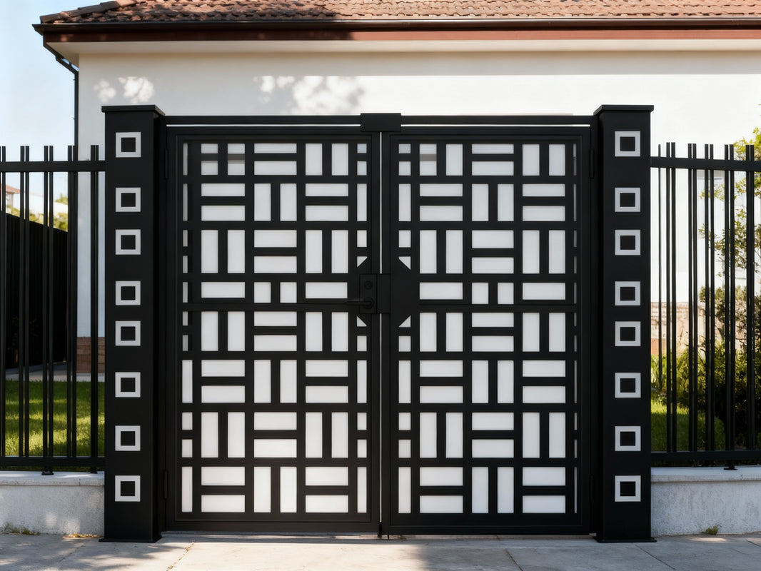 Gridveil Passage – Modern double-panel man door with rectangular grid pattern and symmetrical geometric layout Model # MG048