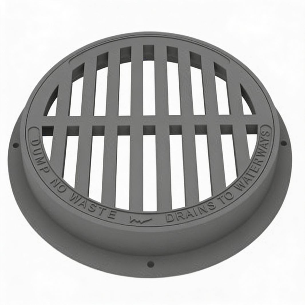 A gray round manhole cover made of cast iron, with a grid-like pattern and the text 'CAMP NO-DRINK' inscribed on the surface.