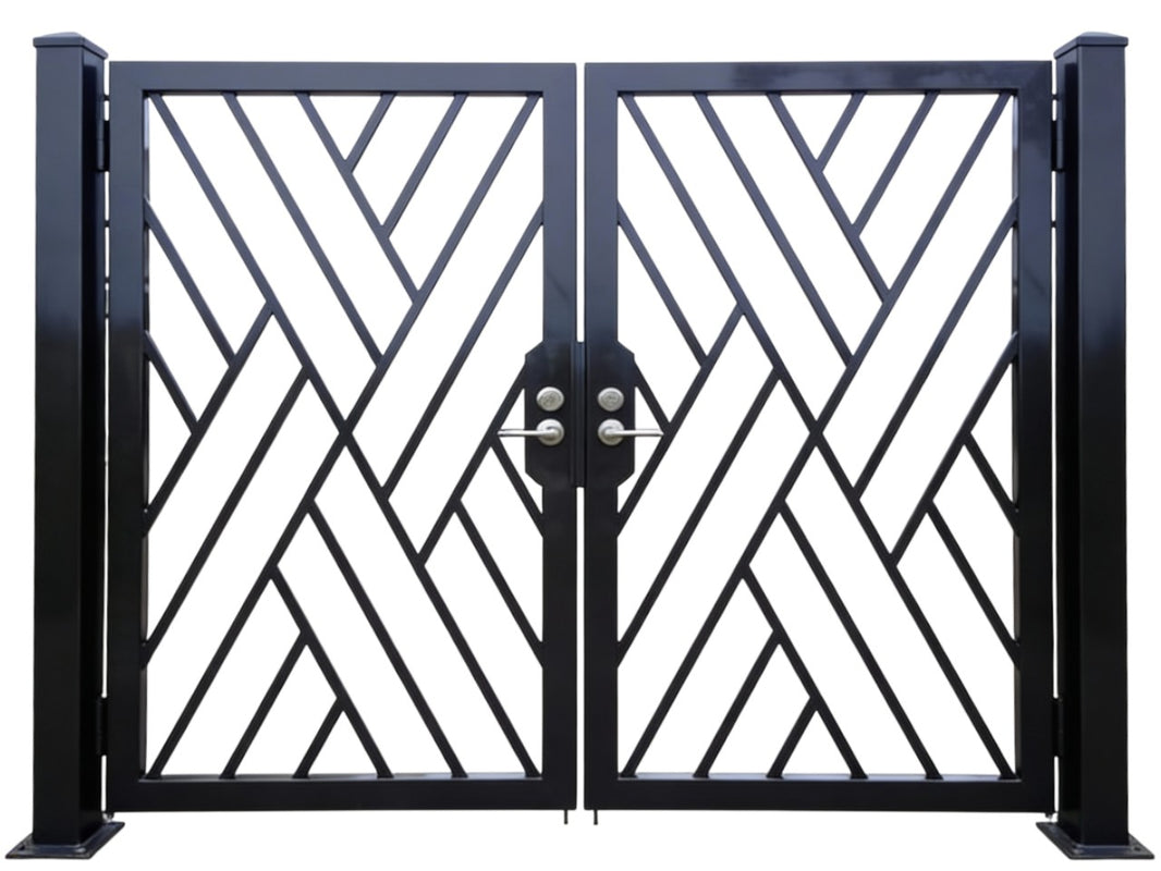 Crissveil Passage – Ornamental metal man door with diagonal bar lattice and optical crisscross geometry Model # MG214