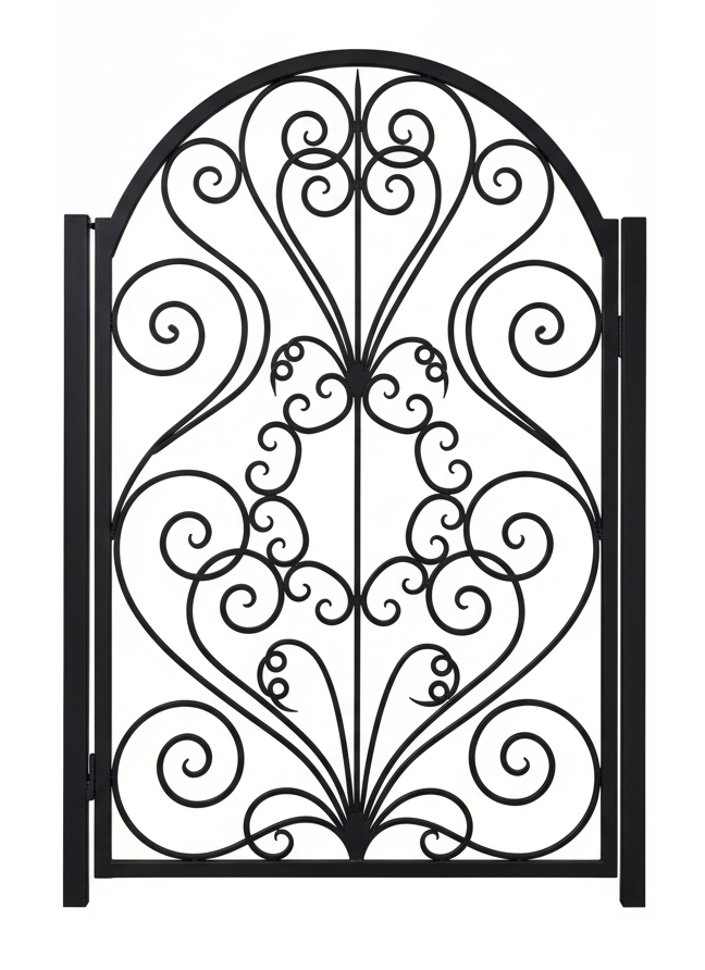 Regal Scrollwork Passage — Ornamental wrought iron gate with arched silhouette and symmetrical scrollwork Model # MG217