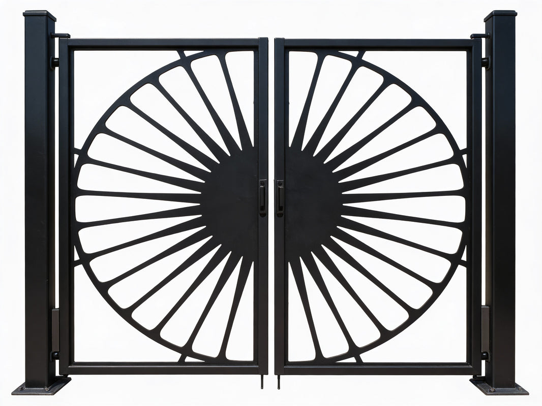 Solarose Passage – Ornamental wrought iron man door with sunburst medallion, floral accents, and circular symmetry Model # MG218